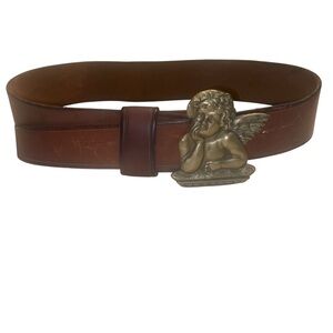 Vintage Belt & Buckle Womens 32-34”Waist Brass Angel Cherub Cupid Leather Belt